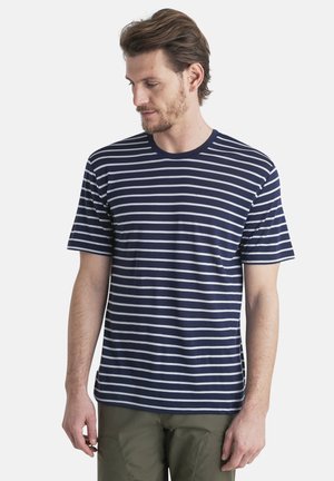 Navy and white striped short-sleeve t-shirt, round neck, soft cotton fabric, relaxed fit, featuring horizontal lines with even spacing.
