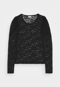 Haut en dentelle noire à manches longues, col rond et motif floral texturé. Détail plissé sur les épaules.