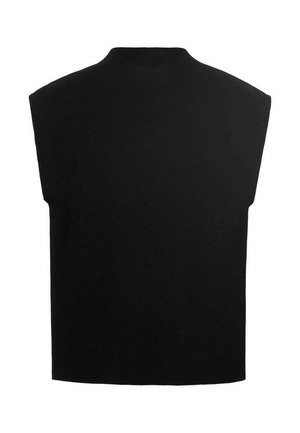 Zwarte mouwloze top met een hoge halslijn, gemaakt van een zachte tricotstof. Heeft een boxy silhouet en een gladde textuur.
