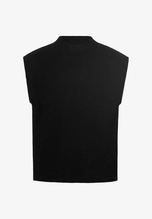 Haut sans manches noir avec un col montant, fabriqué en tissu tricoté doux. Présente une silhouette ample et une texture lisse.