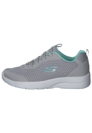 Zapatillas deportivas grises con parte superior de malla, acentos en azul claro, punta redondeada y suela blanca gruesa. Cuenta con cierre de cordones y cuello acolchado.