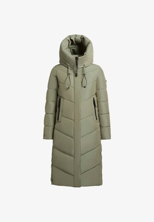 Long, olive green puffer coat with a hood, featuring quilted chevron patterns, zippered front closure, and side pockets with black accents.