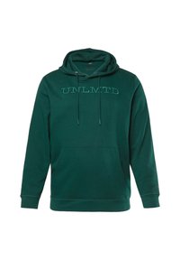 Felpa con cappuccio verde scuro, dotata di tasca frontale e con la scritta "UNLMTD" ricamata sul petto in filo verde abbinato.