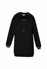 Schwarzer Pullover-Hoodie mit tiefem V-Ausschnitt, kontrastierenden texturierten, glitzernden Ärmeln und verstellbaren Kordeln. Goldene Akzente an den Bündchen.