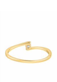 Prsteň v zlatej farbe s minimalistickým otvoreným dizajnom, doplnený malým priehľadným drahokamom a hladkým, lešteným povrchom.