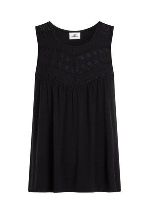 Schwarzes ärmelloses Oberteil aus weichem Stoff, mit strukturierter Stickerei auf dem Oberteil und einem ausgestellten Design für eine lockere Passform.