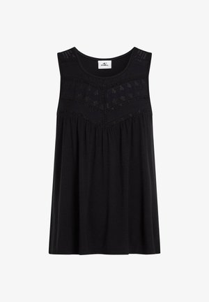 Schwarzes ärmelloses Oberteil aus weichem Stoff, mit strukturierter Stickerei auf dem Oberteil und einem ausgestellten Design für eine lockere Passform.