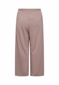 Mjuka, lätta, skräddarsydda, rosa culotter med resårmidja, som har en rak bendesign och en slät yta.