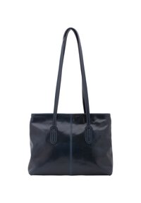 Borsa tote in pelle blu navy con due manici lunghi, texture liscia e cuciture minime. Presenta una chiusura con zip e un interno spazioso.