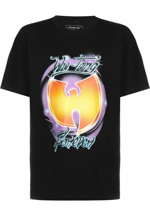 Black t-shirt featuring a large, stylized Wu-Tang logo in yellow and orange, with "Wu-Tang Forever" in vibrant blue and white accents.