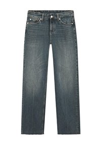 Jeans blu a gamba dritta con leggero effetto scolorito, design a cinque tasche, bottone metallico e orli grezzi sfrangiati.