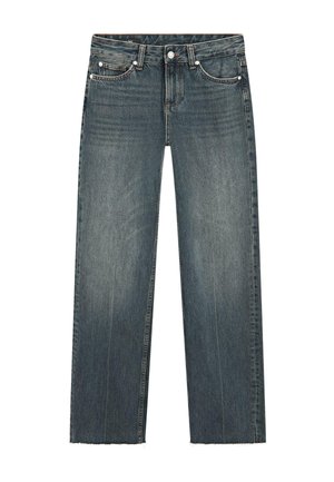 Jeans blu a gamba dritta con leggero effetto scolorito, design a cinque tasche, bottone metallico e orli grezzi sfrangiati.