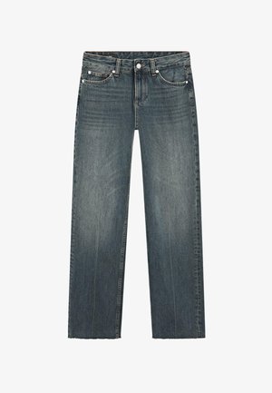 Jeans blu a gamba dritta con leggero effetto scolorito, design a cinque tasche, bottone metallico e orli grezzi sfrangiati.