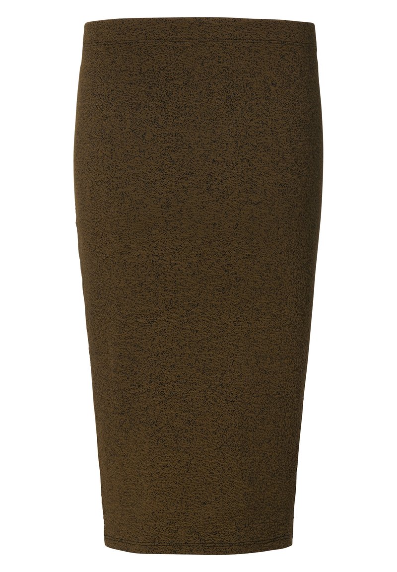 Falda lápiz marrón hasta la rodilla con un patrón texturizado, de cintura alta y tela elástica, diseñada para una silueta ajustada.