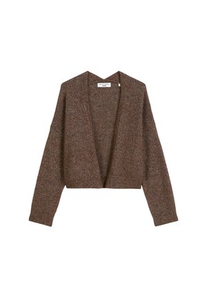 Brauner Strickcardigan mit einem verkürzten Design, offenem Frontbereich und langen Ärmeln, der ein strukturiertes Muster in unterschiedlichen Farbtönen zeigt.