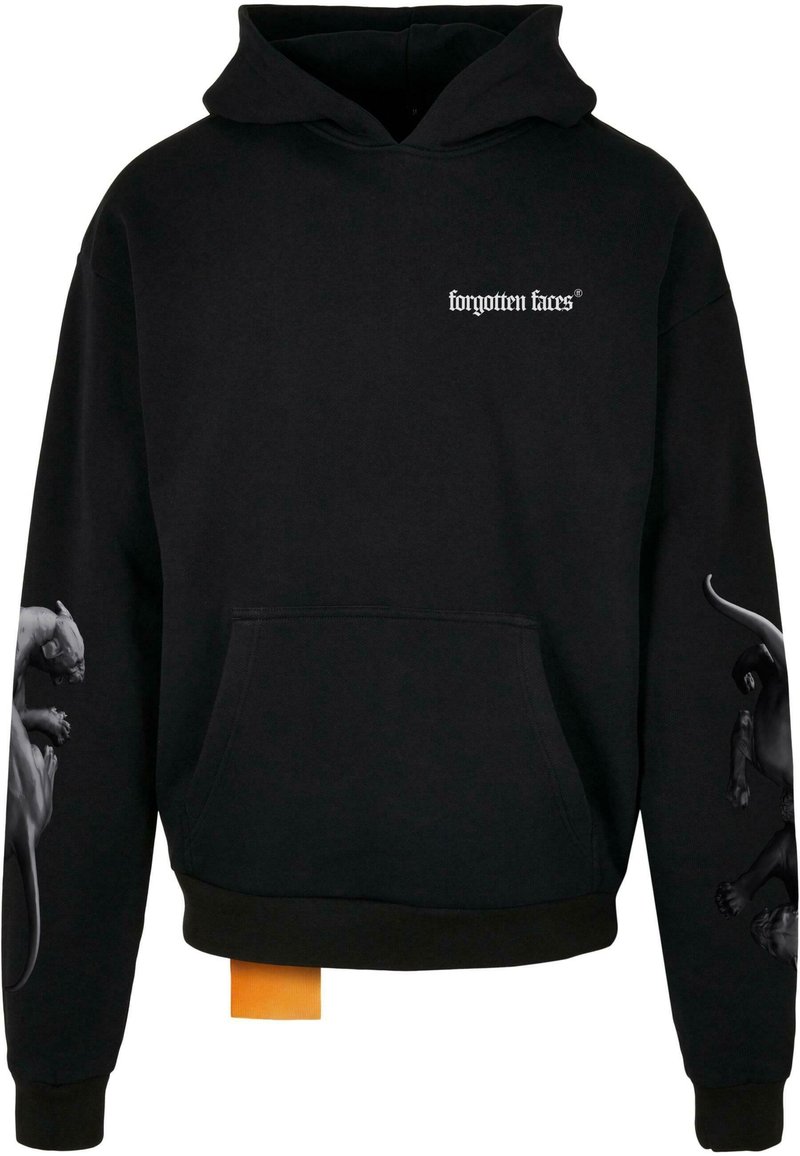 Sweat à capuche noir en coton, avec une poche avant et des imprimés graphiques de panthères sur les manches. Comprend une étiquette orange à l'ourlet.