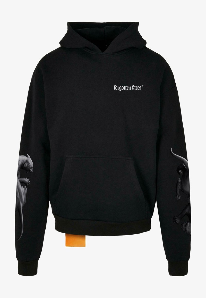 Sweat à capuche noir en coton, avec une poche avant et des imprimés graphiques de panthères sur les manches. Comprend une étiquette orange à l'ourlet.