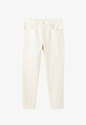 Bijele traperice od trapera uskog kroja, s prednjim džepovima i zatvaranjem na jedan gumb. Glatka tekstura s diskretnim detaljima šavova.