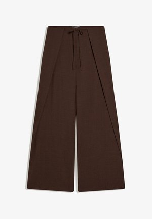 Pantalon marron à jambes larges avec taille haute, panneaux superposés à l'avant et cordon à la taille.