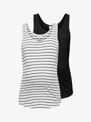 Twee mouwloze zwangerschaps-tanktops, één witte met zwarte horizontale strepen, de andere effen zwart, getoond van voren en achteren.