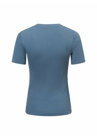 Blauwe T-shirt met korte mouwen en een ronde halslijn. Soepele textuur, slim-fit ontwerp en eenvoudig zonder patronen of accenten.