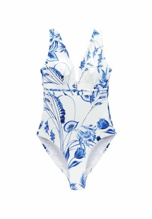 Enbitar baddräkt i vit tyg med blå blommönster, v-ringning, breda axelremmar och en figursydd midja. Slät textur och rundade kanter.