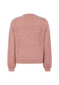 Pletena dolga majica s dolgimi rokavi v mehki rožnati barvi. Ima okroglo ovratnico in rebraste manšete, z mehakim teksturo in sproščenim prileganjem.