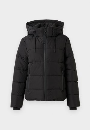 Černá péřová bunda s kapucí, vybavená horizontálním prošíváním, předním zipem a elastickými manžetami. Vyrobena z lehkého a voděodolného materiálu.