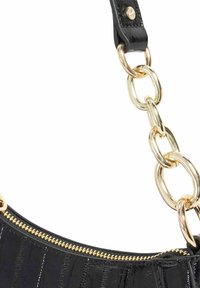 Black faux leather handbag featuring a curved design, gold chain strap, and zip closure, with a sleek, textured surface.
