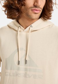Béžová mikina s jemnou textúrou, so zostavajúcim veľkým logom Quiksilver v svetlosivej farbe. Obsahuje kapucňu so šnúrkou a kovovými koncami.