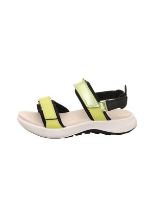 Black and neon green sandals feature two adjustable straps on the upper, a cushioned cream sole, and a textured black rubber outsole.