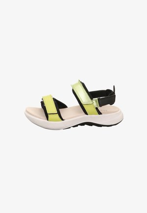 Schwarze und neon-grüne Sandalen mit zwei verstellbaren Riemen am Oberteil, einer gepolsterten cremefarbenen Sohle und einer strukturierten schwarzen Gummilaufsohle.