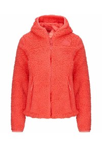 Giacca in fleece di un vivace corallo, con cappuccio, zip integrale, due tasche laterali e un tessuto testurizzato dall'aspetto morbido.