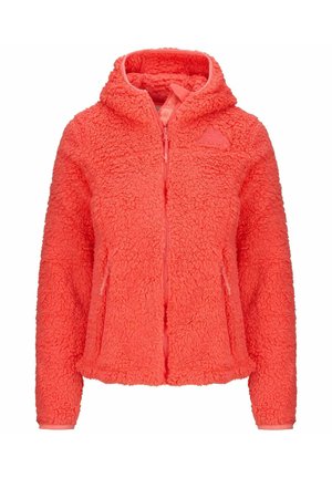 Giacca in fleece di un vivace corallo, con cappuccio, zip integrale, due tasche laterali e un tessuto testurizzato dall'aspetto morbido.