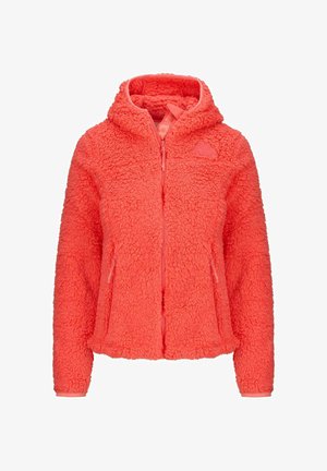 Giacca in fleece di un vivace corallo, con cappuccio, zip integrale, due tasche laterali e un tessuto testurizzato dall'aspetto morbido.