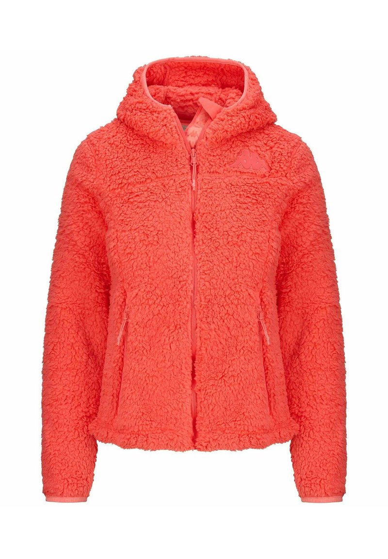 Giacca in fleece di un vivace corallo, con cappuccio, zip integrale, due tasche laterali e un tessuto testurizzato dall'aspetto morbido.
