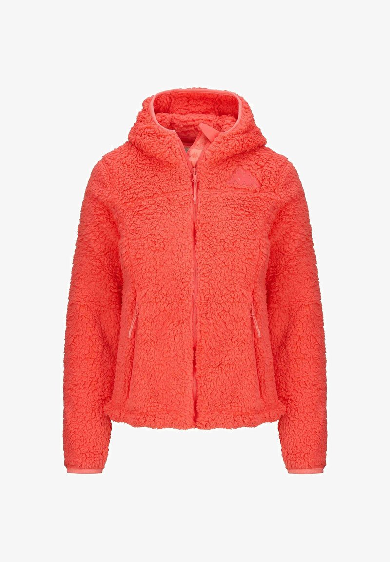 Giacca in fleece di un vivace corallo, con cappuccio, zip integrale, due tasche laterali e un tessuto testurizzato dall'aspetto morbido.