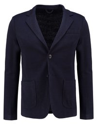Navy blazer made of soft fabric, featuring a single button closure, notched lapels, and two front pockets. Minimalist design, textured interior.