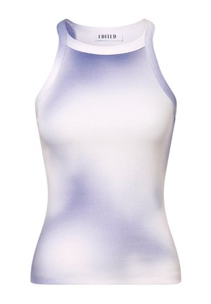 Biały prążkowany top na ramiączkach z gradientowym lawendowym odcieniem. Posiada wysoki dekolt i bezrękawowy krój, wykonany z elastycznego materiału.