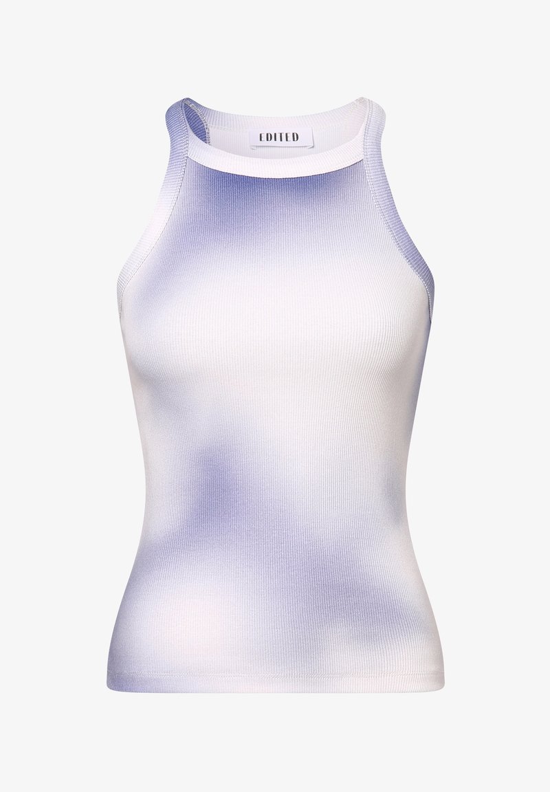 Débardeur côtelé blanc avec un dégradé de teinte lavande. Présente un col montant et un design sans manches, fabriqué dans un tissu extensible.