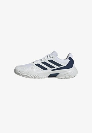 White and navy blue Adidas sports shoe with lace-up front, textured sole, and three navy stripes on the side.