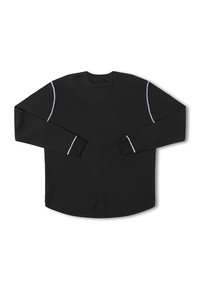 Schwarzes Langarmshirt mit strukturiertem Design, abgerundetem Saum und weißen Akzentnähten entlang der Schultern und Ärmel.