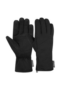 Black gloves with a smooth exterior, textured palm, and insulated lining, featuring a zippered cuff and diagonal seam accents.