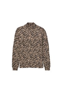 Långärmad topp med zebramönster i beige och svart, med en hög volangkrage och elastiska ärmslut. Lättviktsmaterial.