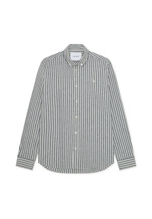 Chemise à manches longues boutonnée avec des rayures verticales noires et blanches, col boutonné et petit logo brodé sur la poitrine gauche.