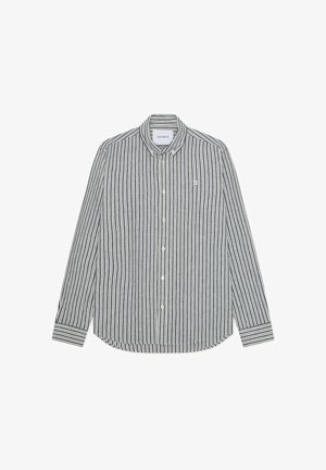 Chemise à manches longues boutonnée avec des rayures verticales noires et blanches, col boutonné et petit logo brodé sur la poitrine gauche.