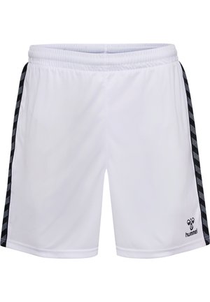 Hvide atletiske shorts med et struktureret sort sidelæbe. Har en elastisk talje og et lille logo nederst til højre.