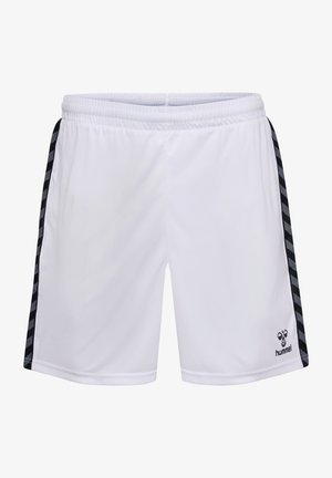 Hvide atletiske shorts med et struktureret sort sidelæbe. Har en elastisk talje og et lille logo nederst til højre.