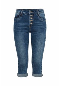 Denim bikses vidēji zilā krāsā ar novecojušu apdari, ar augstu jostasvietu, piecu pogu aizdari un sarullētām piedurknēm. Ietver divas priekšējās kabatas.