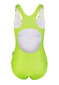 Maillot de bain vert avec une coupure ronde dans le dos. Il possède des bretelles larges et un tissu lisse et extensible. La doublure intérieure est blanche.